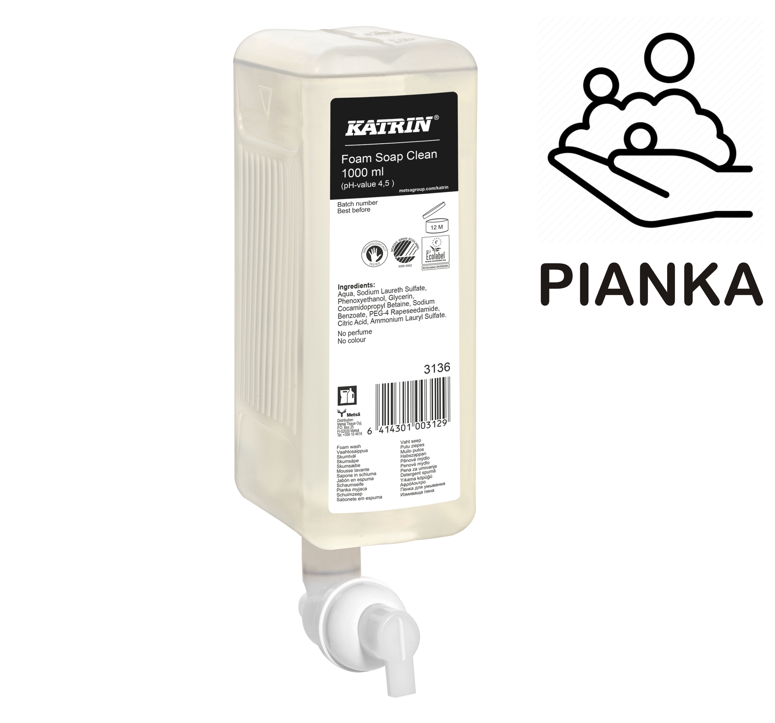 3136 KATRIN Clean Mydło do rąk w pianie bezzapachowe - 1000 ml