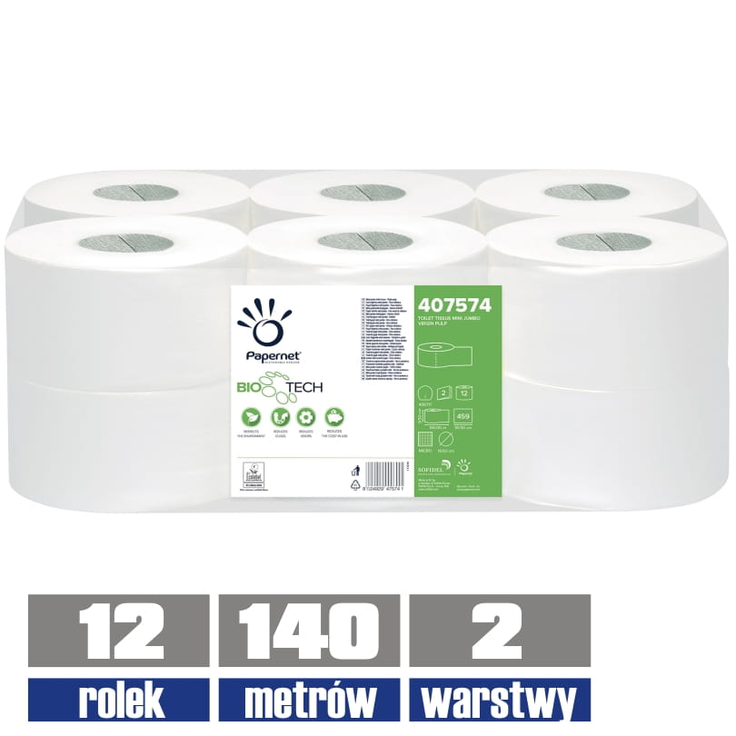 407574 PAPERNET papier toaletowy jumbo BioTECH 2-warstwowy 140mb / 12 sztuk
