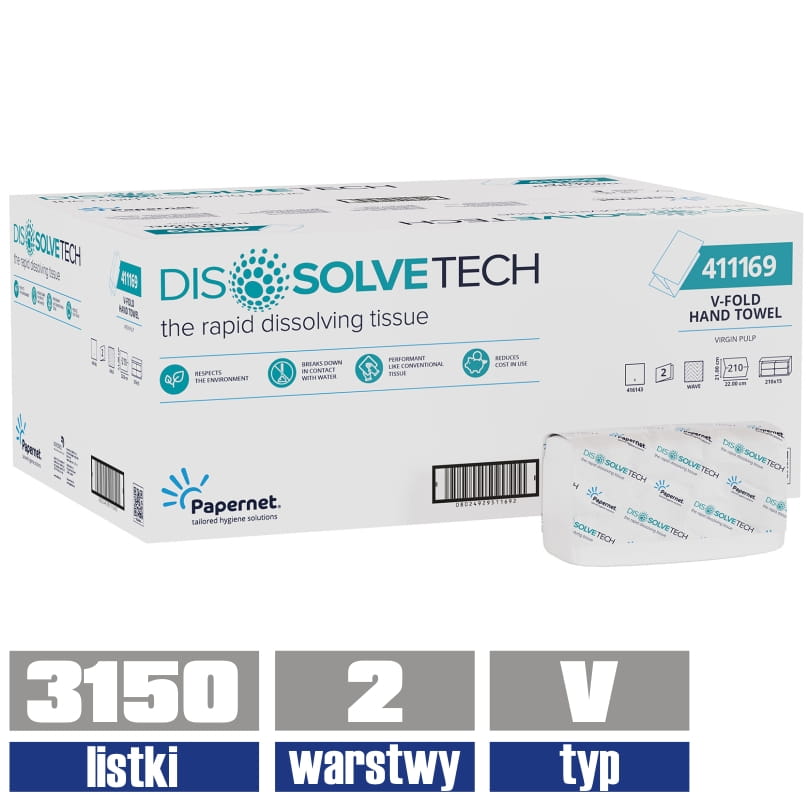 411169 PAPERNET ręcznik V-fold DissolveTECH 2-warstwowy 3150 listków