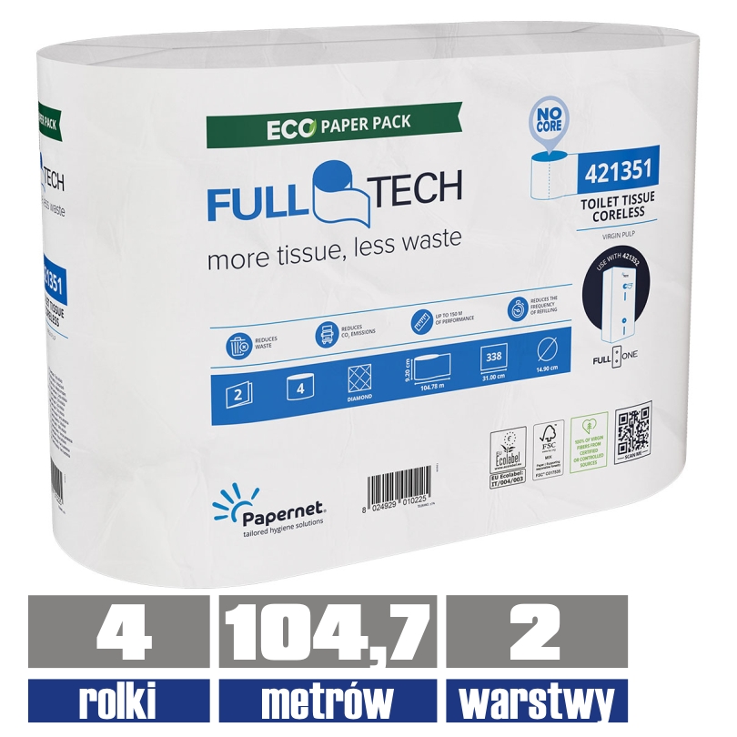 421351 Papernet Full TECH papier toaletowy bez gilzy 104,78mb celuloza 2warstwy opak. 4rolki