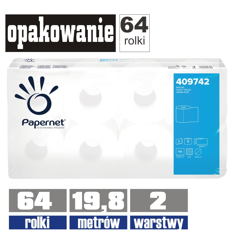 409742 PAPERNET papier toaletowy 2-warstwy 19,8mb / 8x8rolek = 64rolki