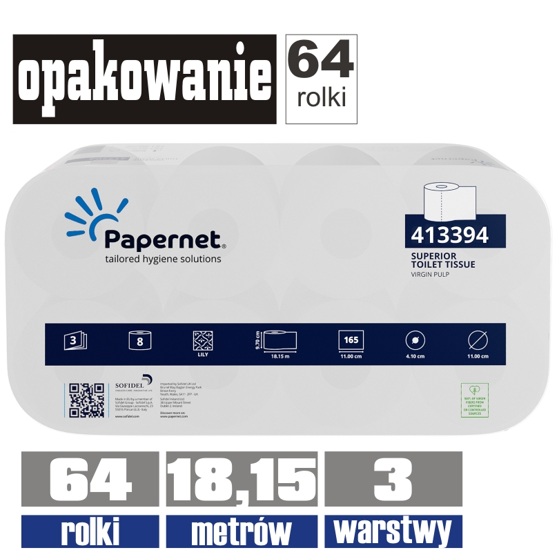413394 PAPERNET papier toaletowy 3-warstwy 18,15 mb / 8x8rolek=64rolki