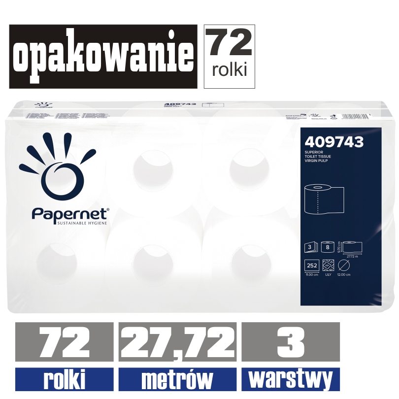 409743 PAPERNET papier toaletowy 3-warstwy 27,72mb / 9x8rolek = 72rolki